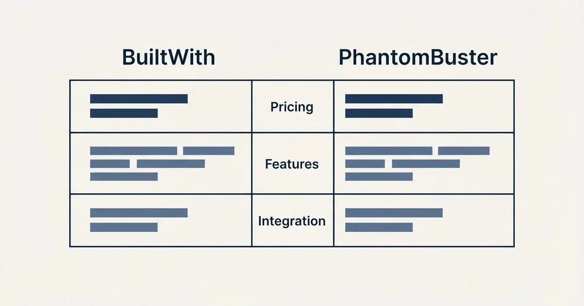 Comparison panel: BuiltWith vs PhantomBuster (Pricing, Features, Integration)