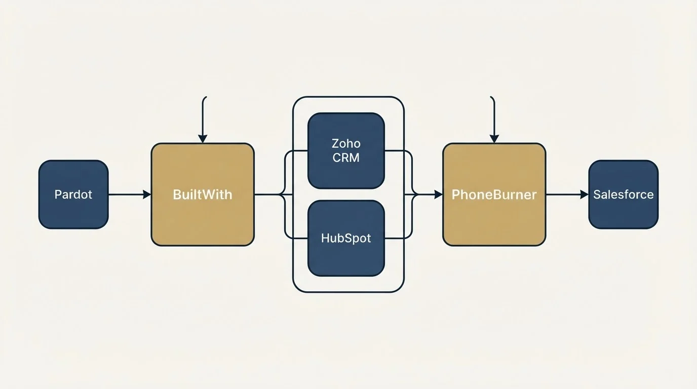 Integration schematic: Integration Ecosystem (BuiltWith, PhoneBurner, Zoho CRM, HubSpot)