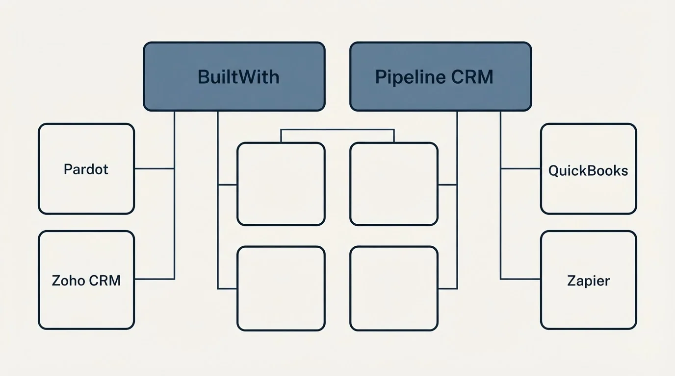 Integration grid: Integration Ecosystem (BuiltWith, Pipeline CRM, Pardot, QuickBooks)