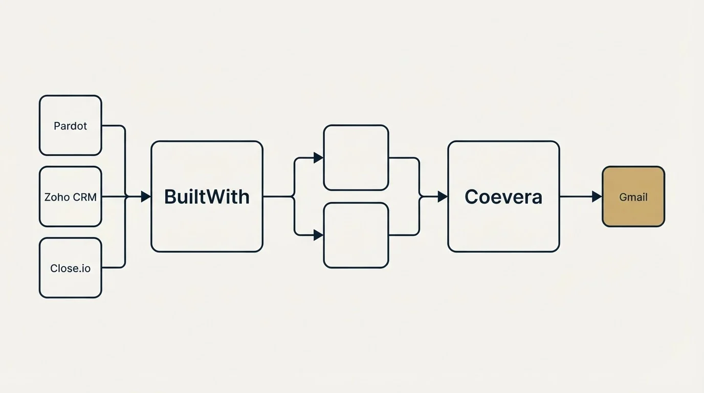 Integration schematic: Integration Ecosystem (BuiltWith, Coevera, Pardot, Gmail)