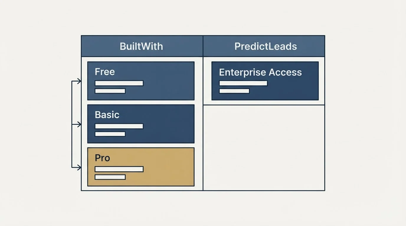 Pricing table: Pricing Comparison (BuiltWith, PredictLeads, Free, Enterprise Access)