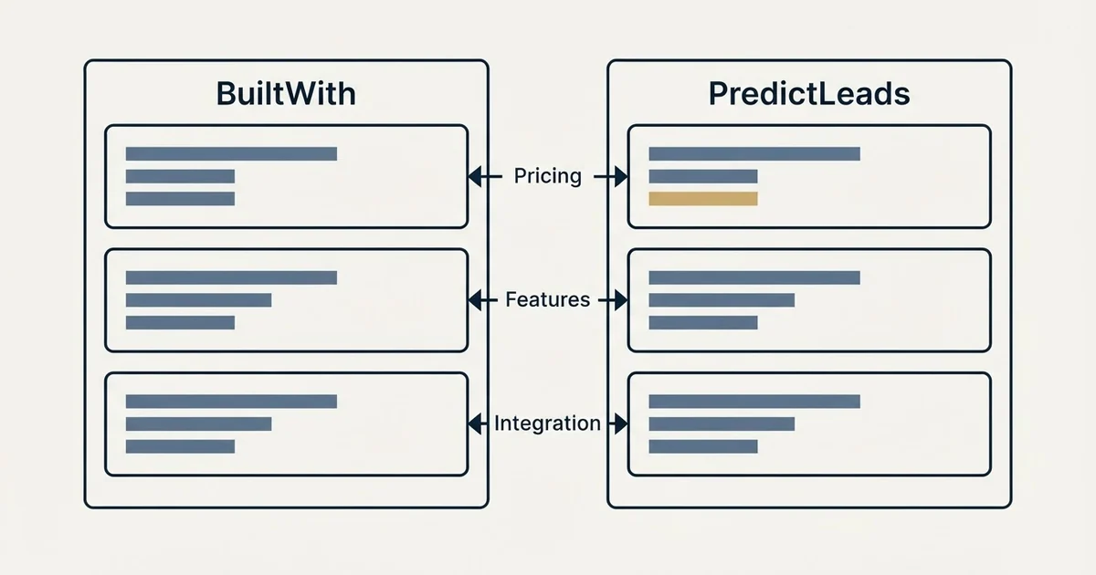 Comparison panel: BuiltWith vs PredictLeads (Pricing, Features, Integration)