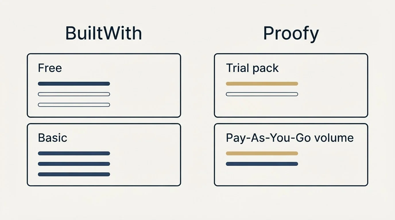 Pricing panels: Pricing Comparison (BuiltWith, Proofy, Free, Trial pack)