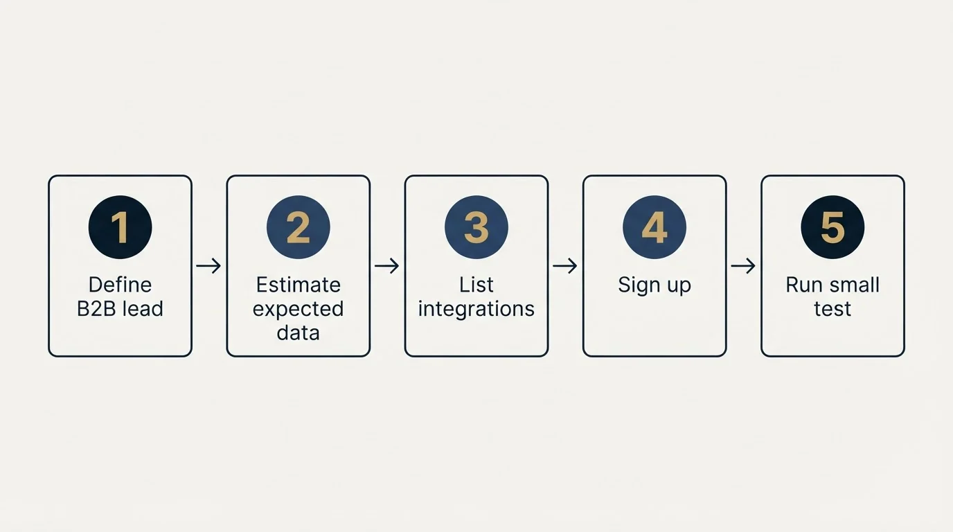 Step sequence: Getting Started Checklist (Define B2B lead, Estimate expected data, List integrations, Sign up)