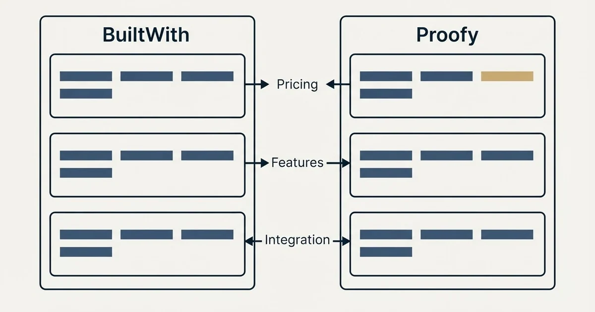 Comparison panel: BuiltWith vs Proofy (Pricing, Features, Integration)