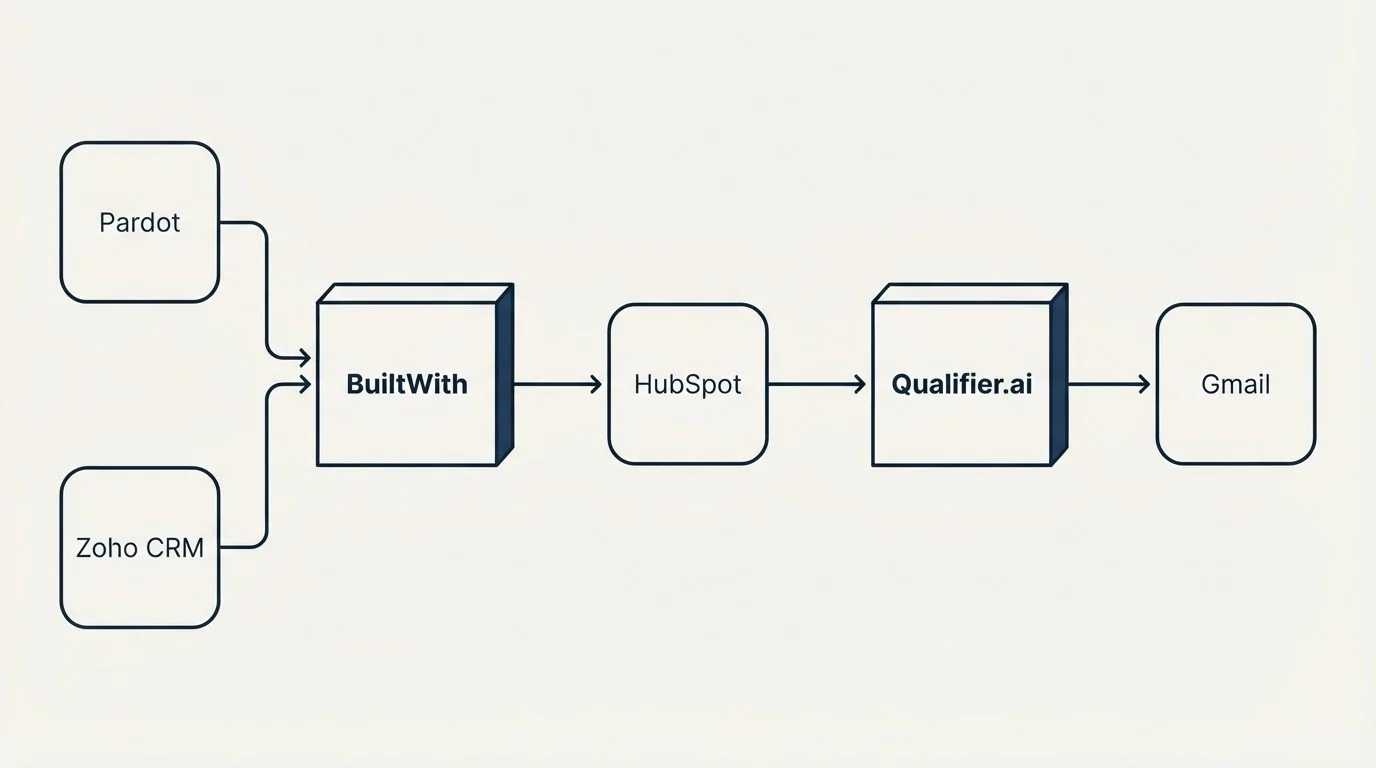 Integration flow: Integration Ecosystem (BuiltWith, Qualifier.ai, HubSpot, Pardot)