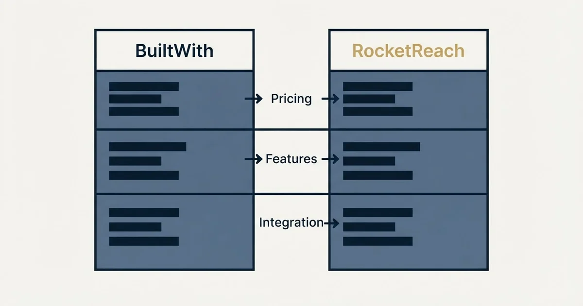 Comparison panel: BuiltWith vs RocketReach (Pricing, Features, Integration)