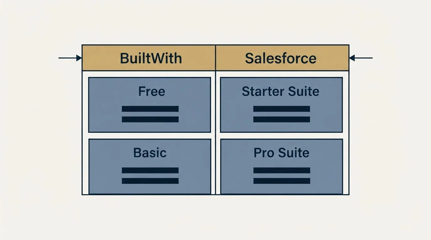 Pricing table: Pricing Comparison (BuiltWith, Salesforce, Free, Starter Suite)