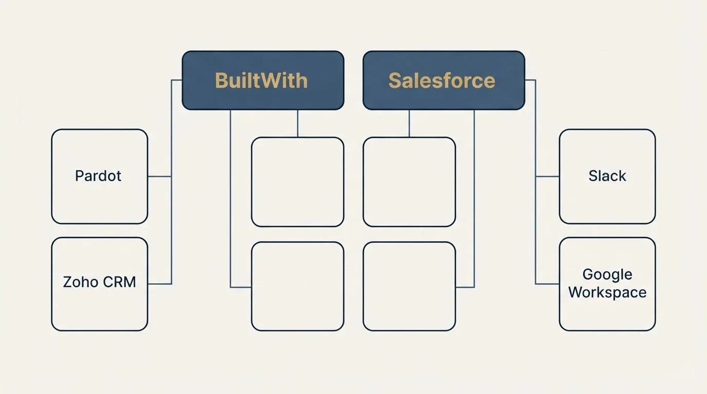 Integration grid: Integration Ecosystem (BuiltWith, Salesforce, Pardot, Slack)