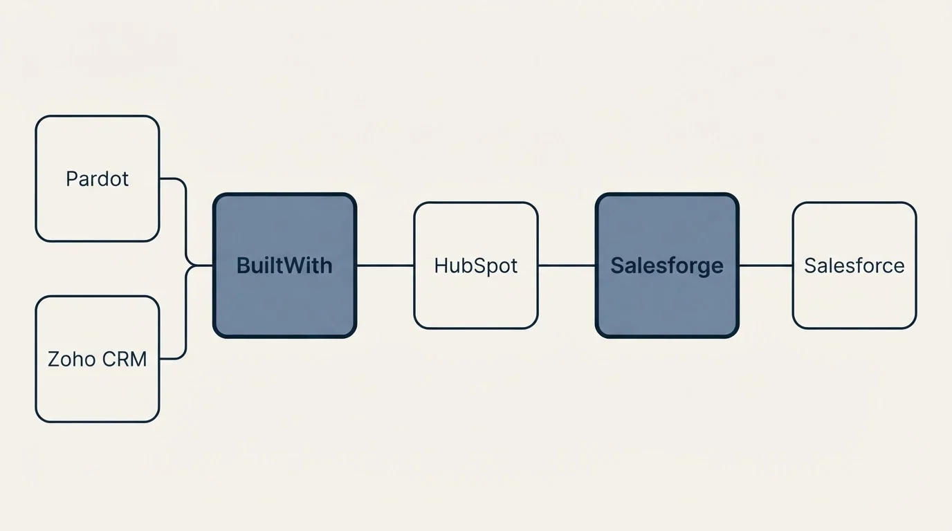 Integration schematic: Integration Ecosystem (BuiltWith, Salesforge, HubSpot, Pardot)