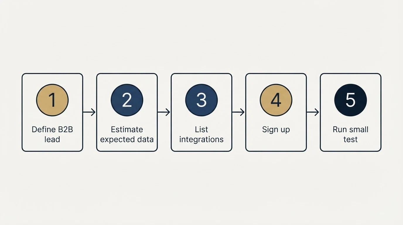 Step sequence: Getting Started Checklist (Define B2B lead, Estimate expected data, List integrations, Sign up)