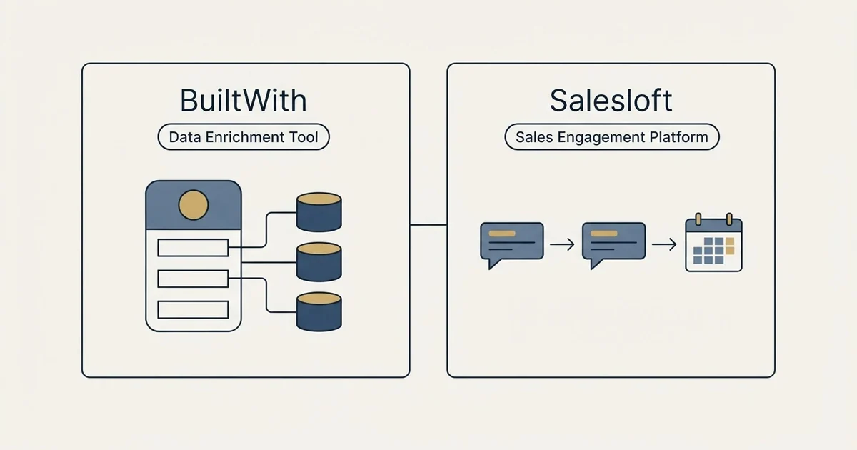 Side-by-side panels: BuiltWith vs Salesloft (Data Enrichment Tool, Sales Engagement Platform)