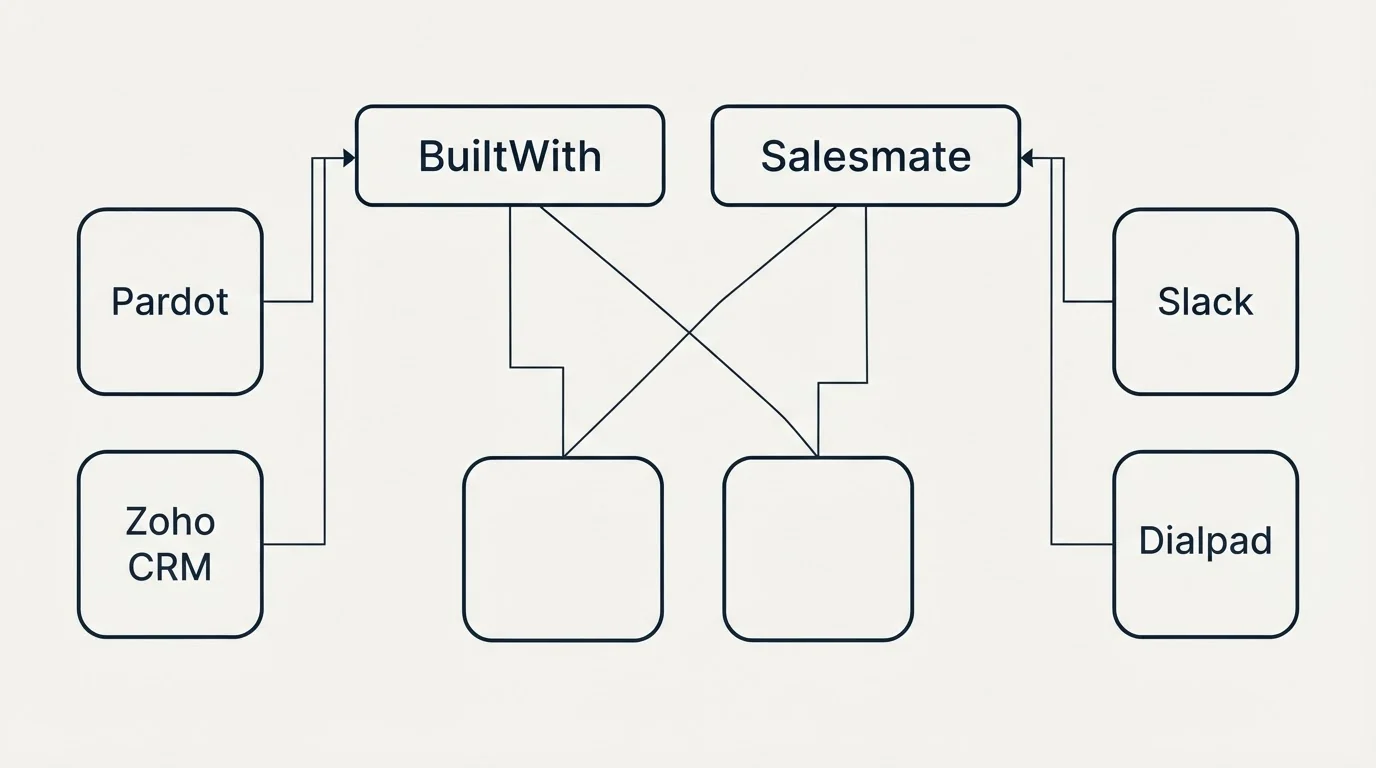 Integration grid: Integration Ecosystem (BuiltWith, Salesmate, Pardot, Slack)