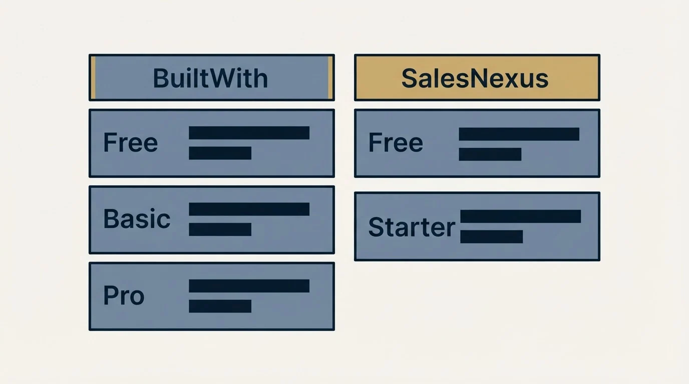 Pricing table: Pricing Comparison (BuiltWith, SalesNexus, Free, Basic)