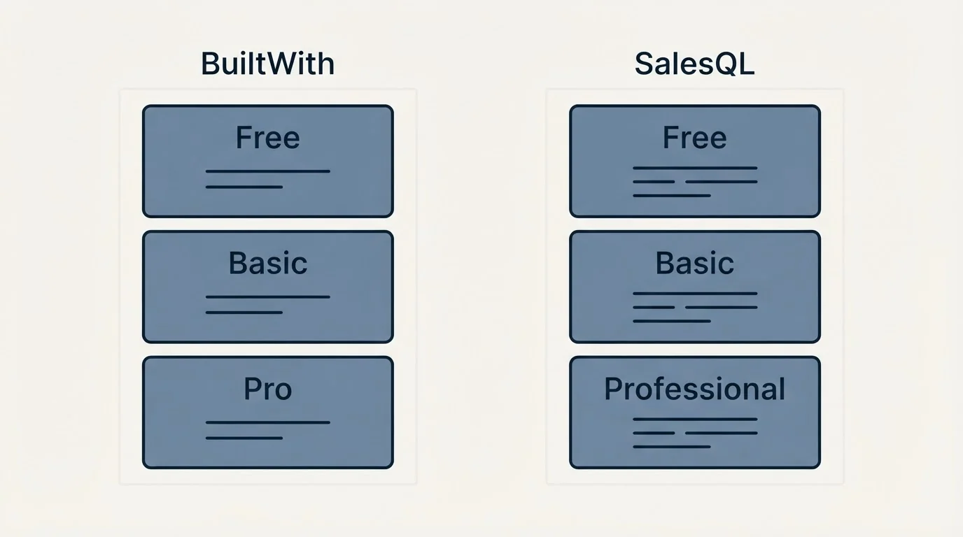 Pricing panels: Pricing Comparison (BuiltWith, SalesQL, Free, Basic)