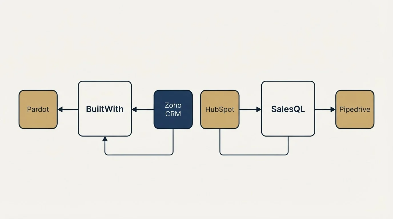 Integration schematic: Integration Ecosystem (BuiltWith, SalesQL, Zoho CRM, HubSpot)