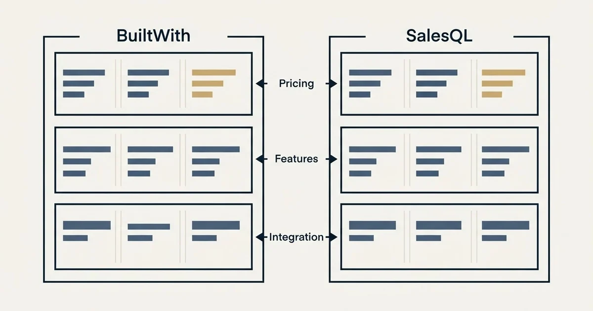 Comparison panel: BuiltWith vs SalesQL (Pricing, Features, Integration)