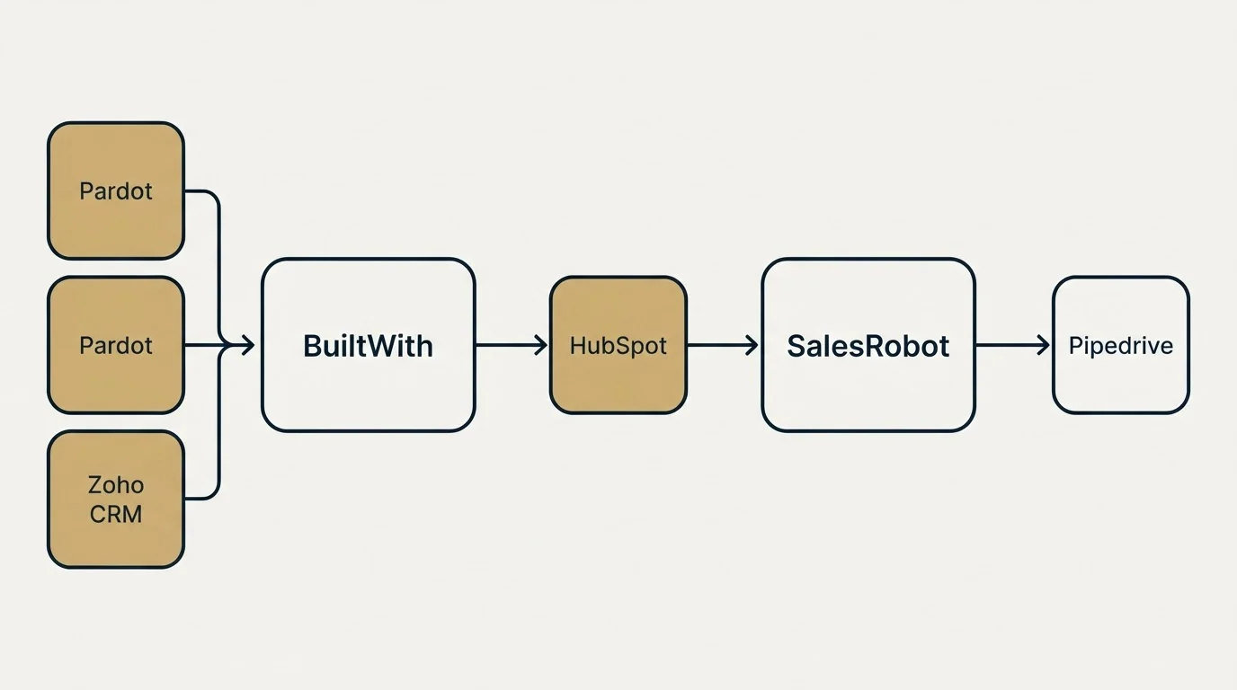 Integration schematic: Integration Ecosystem (BuiltWith, SalesRobot, HubSpot, Pardot)