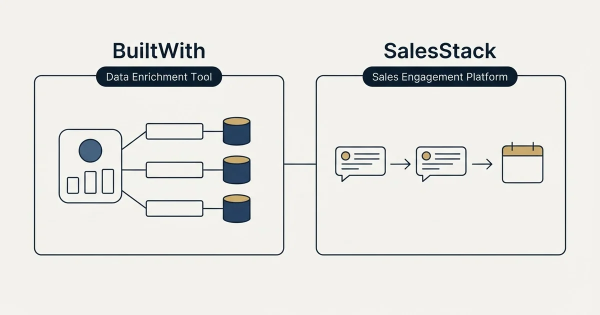 Side-by-side panels: BuiltWith vs SalesStack (Data Enrichment Tool, Sales Engagement Platform)