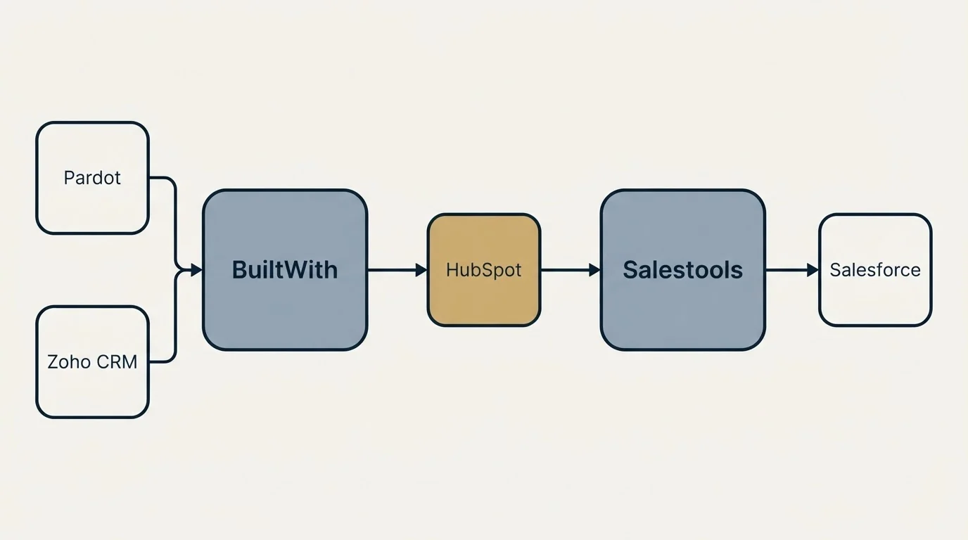 Integration schematic: Integration Ecosystem (BuiltWith, Salestools, HubSpot, Pardot)