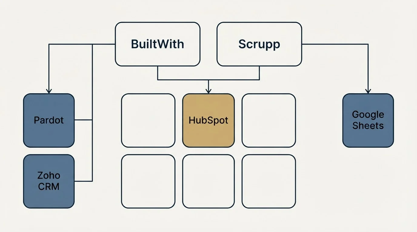 Integration grid: Integration Ecosystem (BuiltWith, Scrupp, HubSpot, Pardot)