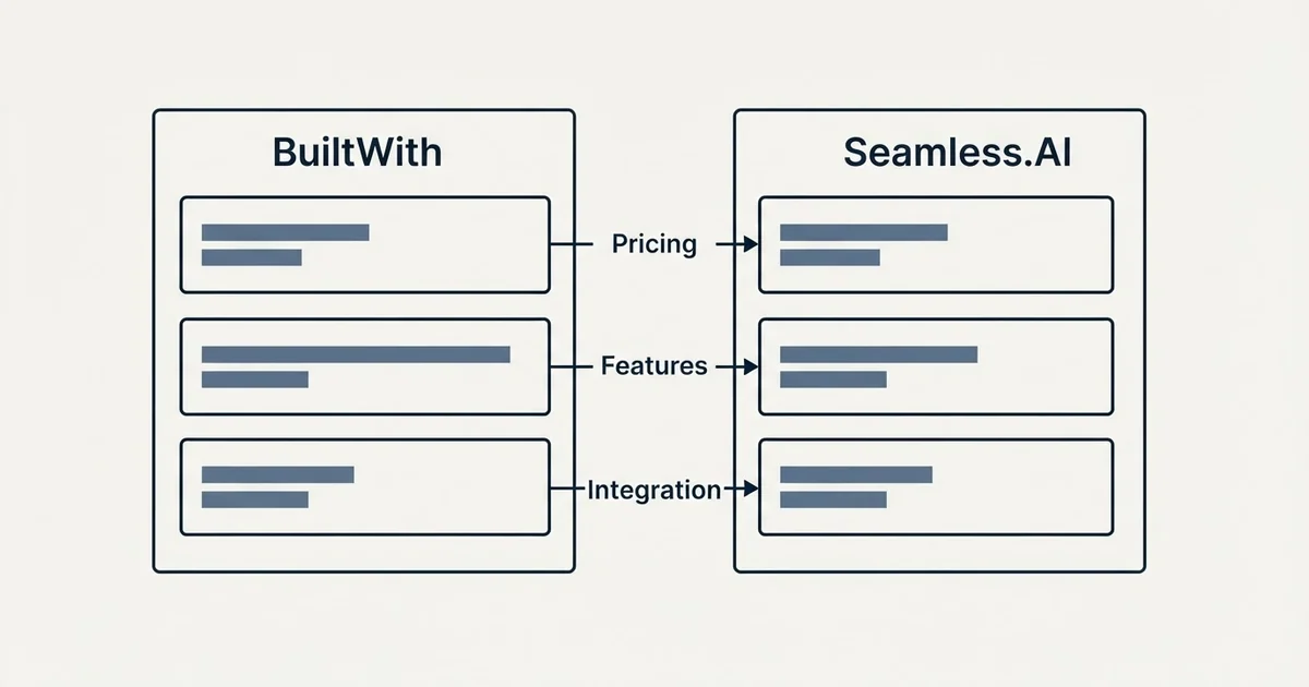 Comparison panel: BuiltWith vs Seamless.AI (Pricing, Features, Integration)