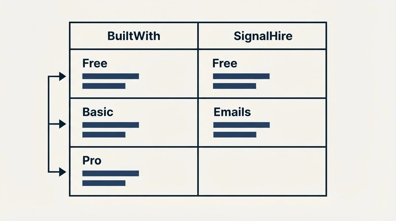 Pricing table: Pricing Comparison (BuiltWith, SignalHire, Free, Basic)