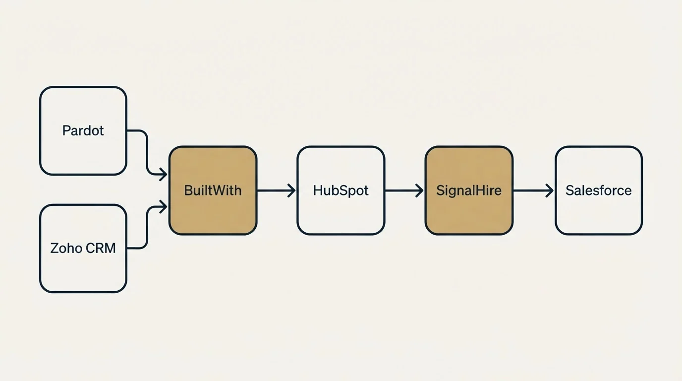 Integration schematic: Integration Ecosystem (BuiltWith, SignalHire, HubSpot, Pardot)