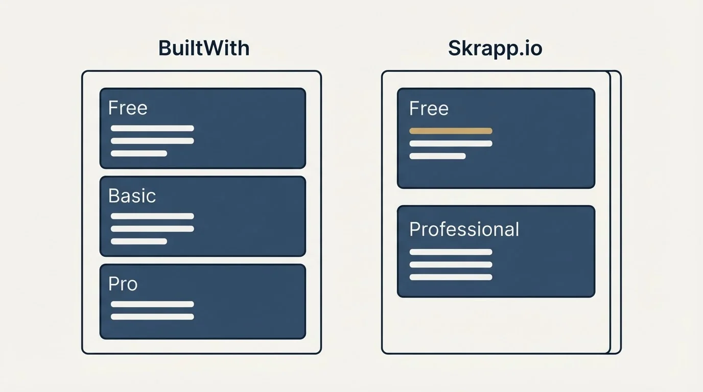 Pricing panels: Pricing Comparison (BuiltWith, Skrapp.io, Free, Basic)