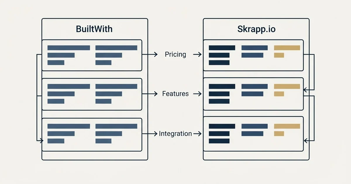 Comparison panel: BuiltWith vs Skrapp.io (Pricing, Features, Integration)