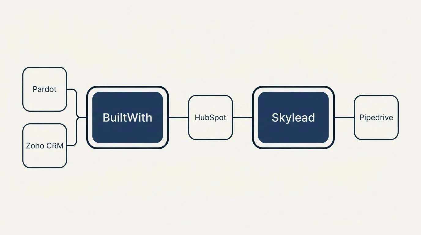 Integration schematic: Integration Ecosystem (BuiltWith, Skylead, HubSpot, Pardot)