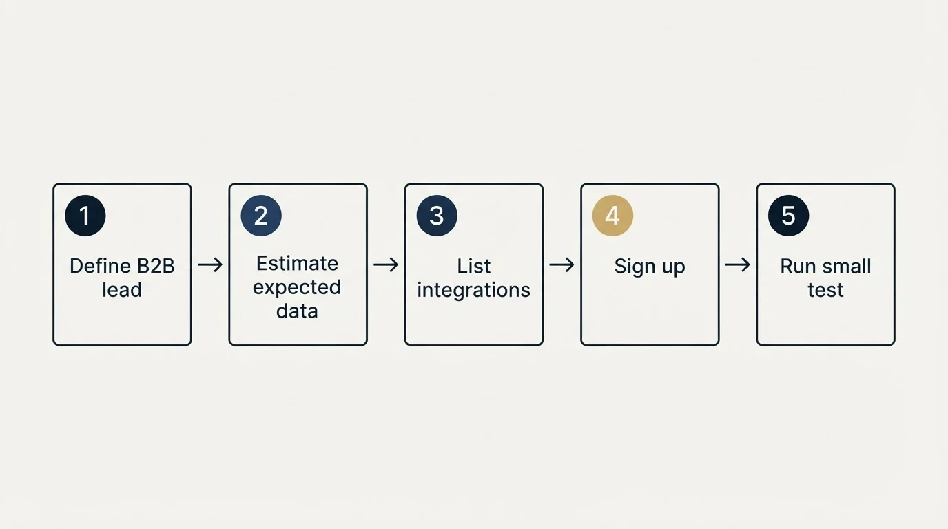 Step sequence: Getting Started Checklist (Define B2B lead, Estimate expected data, List integrations, Sign up)