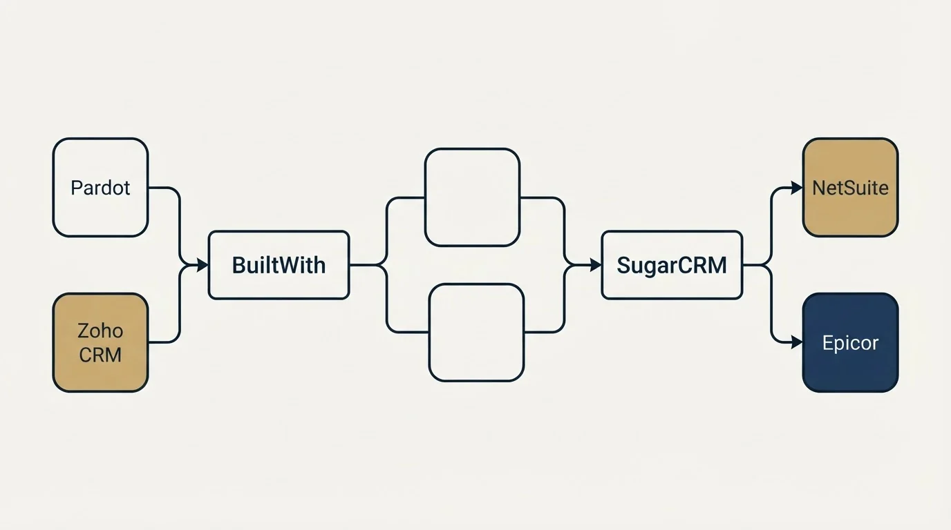 Integration schematic: Integration Ecosystem (BuiltWith, SugarCRM, Pardot, NetSuite)