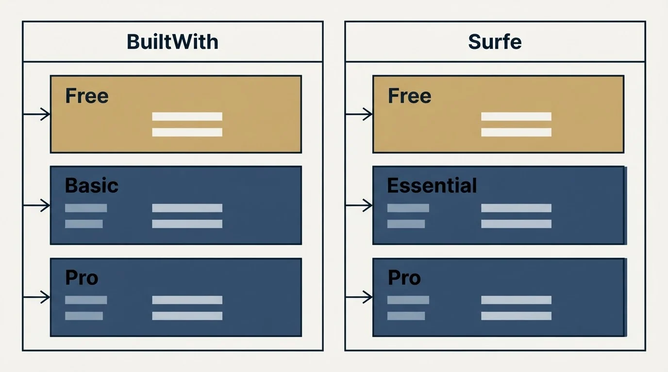 Pricing table: Pricing Comparison (BuiltWith, Surfe, Free, Basic)