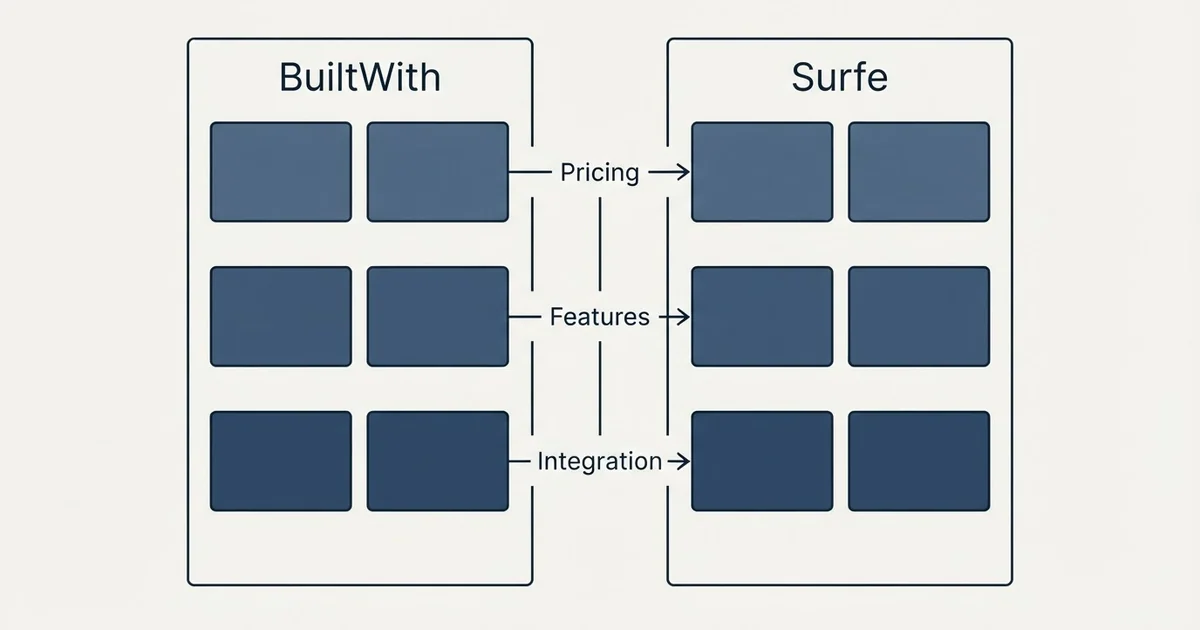 Comparison panel: BuiltWith vs Surfe (Pricing, Features, Integration)