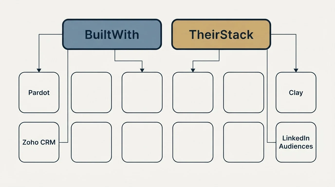 Integration grid: Integration Ecosystem (BuiltWith, TheirStack, Pardot, Clay)