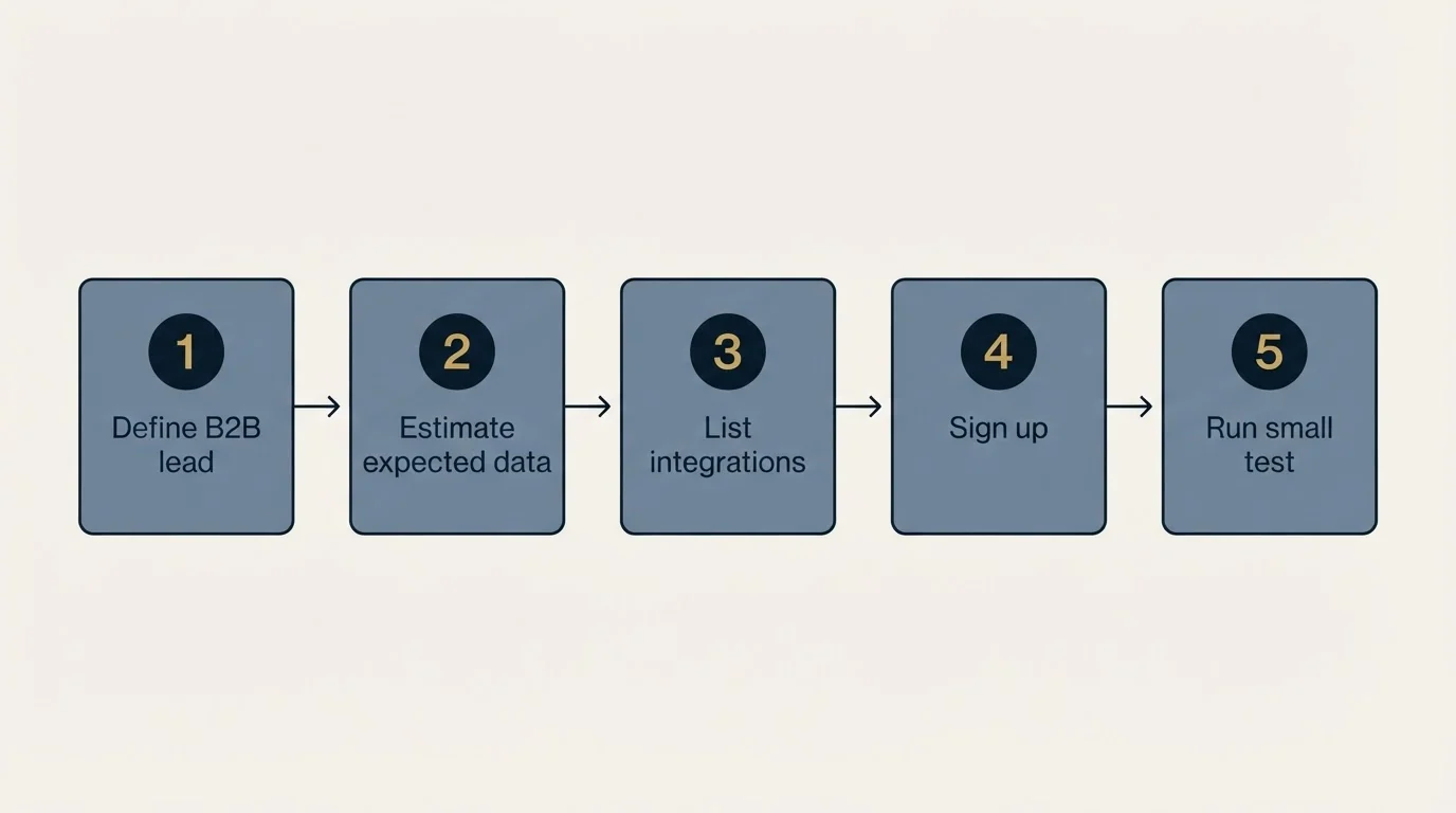 Step sequence: Getting Started Checklist (Define B2B lead, Estimate expected data, List integrations, Sign up)