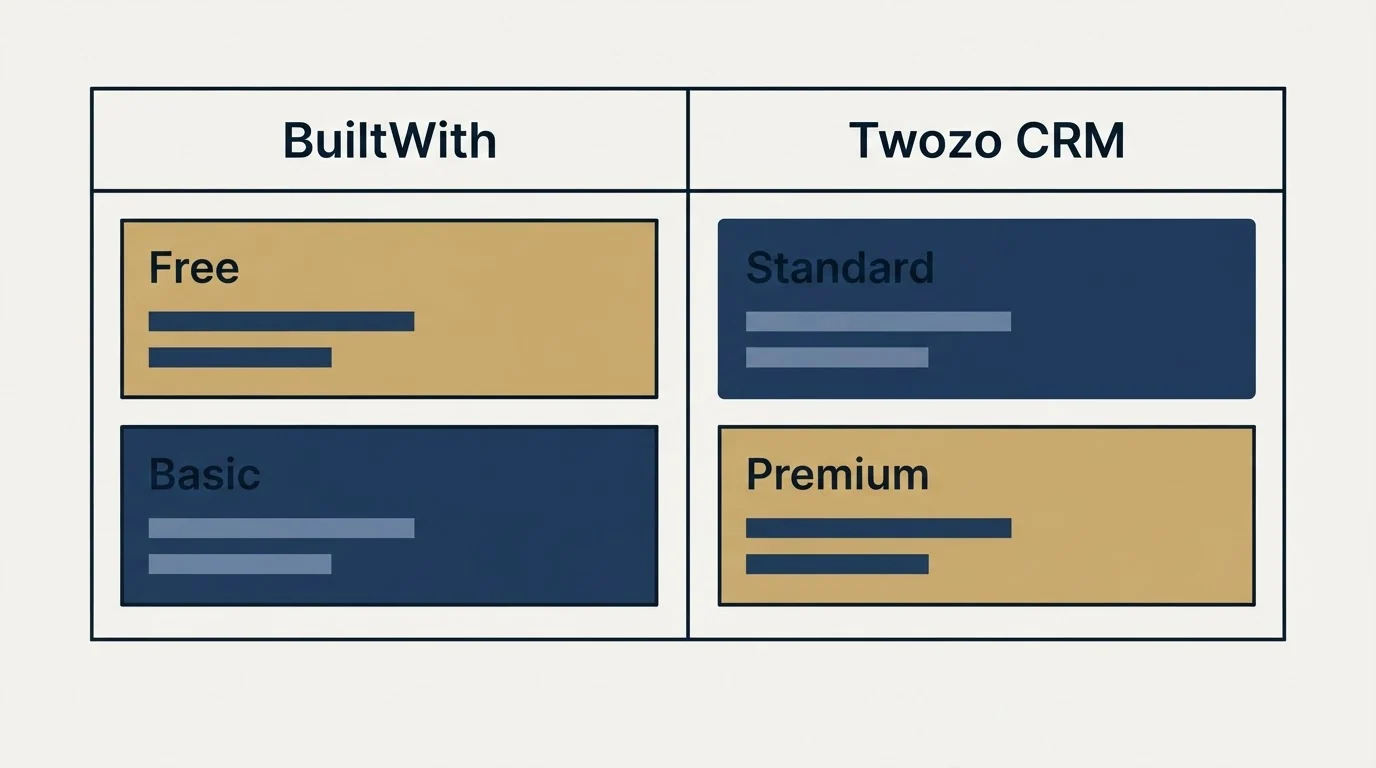Pricing table: Pricing Comparison (BuiltWith, Twozo CRM, Free, Standard)