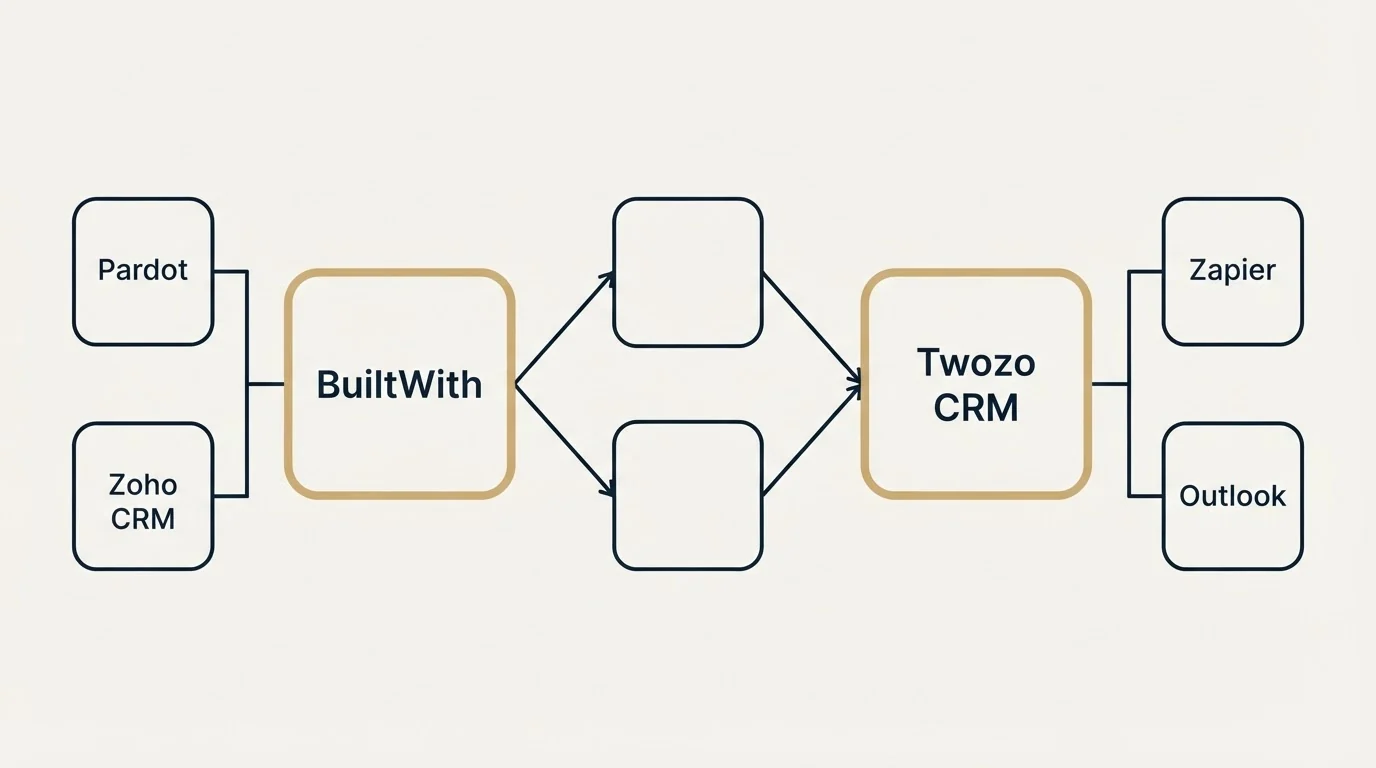 Integration schematic: Integration Ecosystem (BuiltWith, Twozo CRM, Pardot, Zapier)