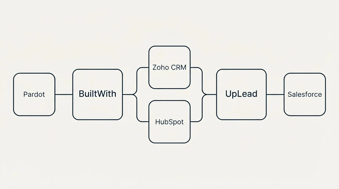 Integration schematic: Integration Ecosystem (BuiltWith, UpLead, Zoho CRM, HubSpot)