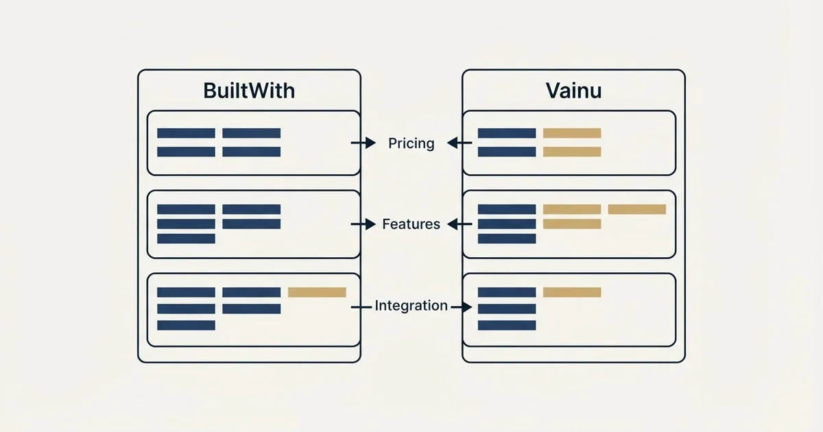 Comparison panel: BuiltWith vs Vainu (Pricing, Features, Integration)