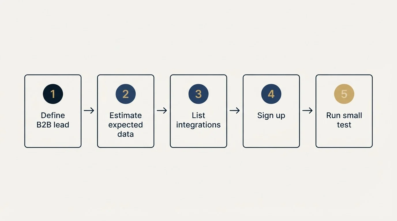 Step sequence: Getting Started Checklist (Define B2B lead, Estimate expected data, List integrations, Sign up)