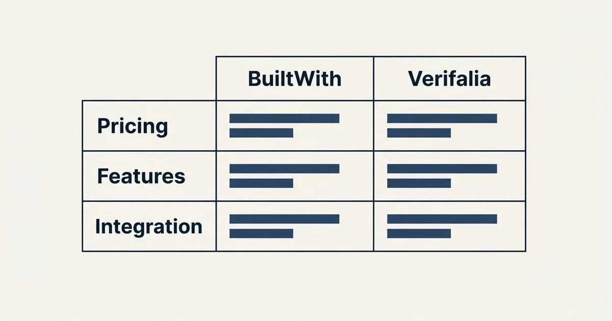 Comparison panel: BuiltWith vs Verifalia (Pricing, Features, Integration)