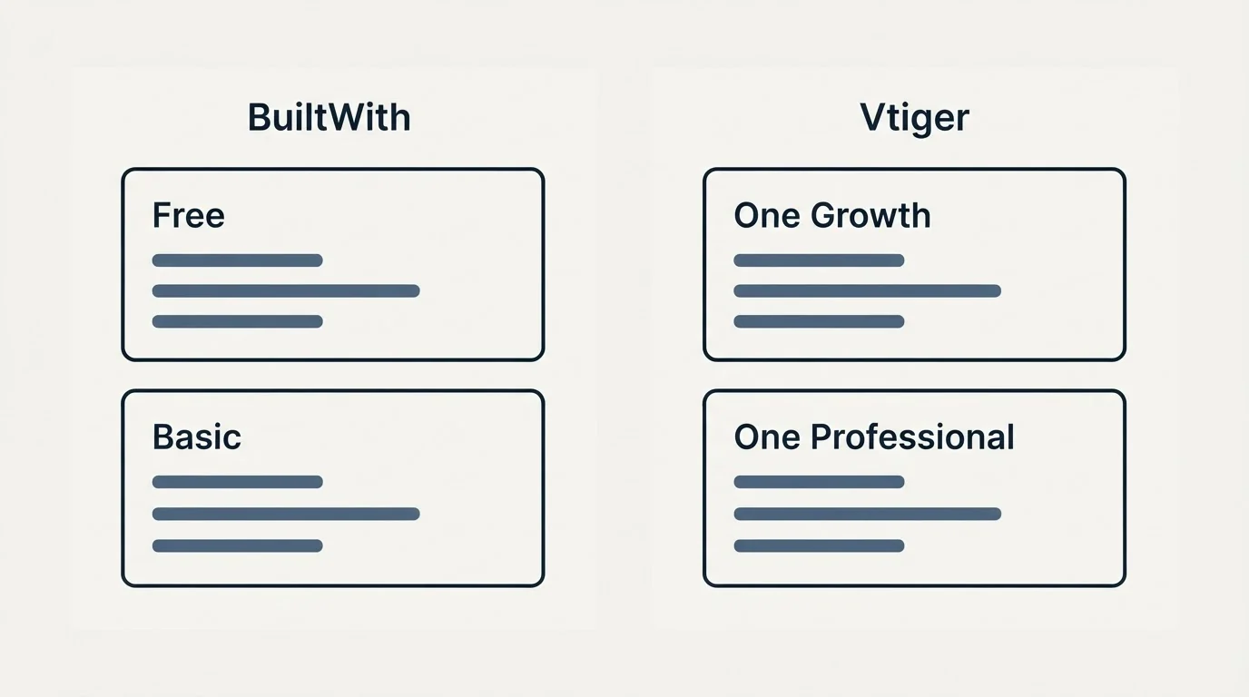 Pricing panels: Pricing Comparison (BuiltWith, Vtiger, Free, One Growth)