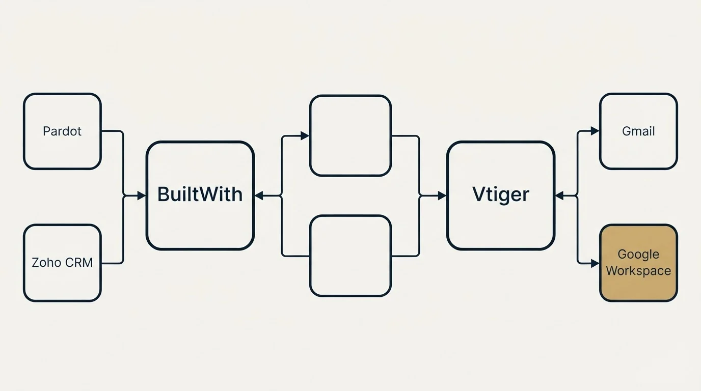 Integration schematic: Integration Ecosystem (BuiltWith, Vtiger, Pardot, Gmail)