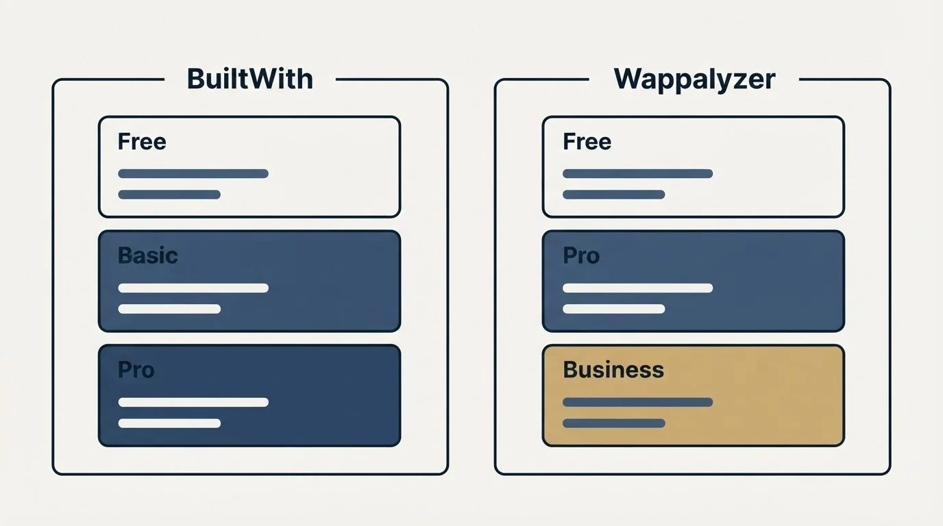 Pricing panels: Pricing Comparison (BuiltWith, Wappalyzer, Free, Basic)
