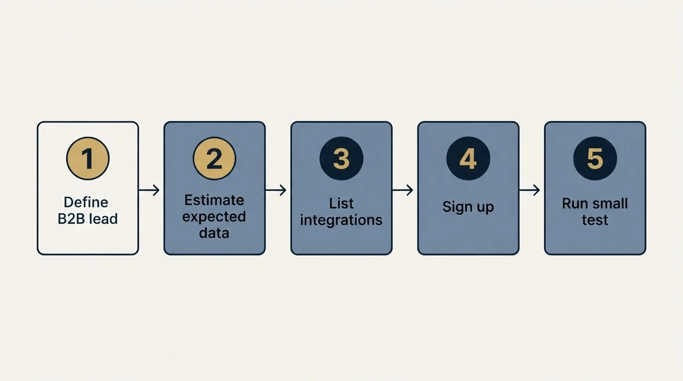 Step sequence: Getting Started Checklist (Define B2B lead, Estimate expected data, List integrations, Sign up)