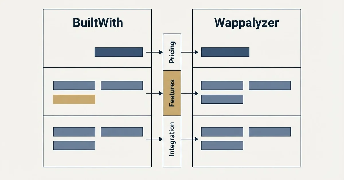 Comparison panel: BuiltWith vs Wappalyzer (Pricing, Features, Integration)