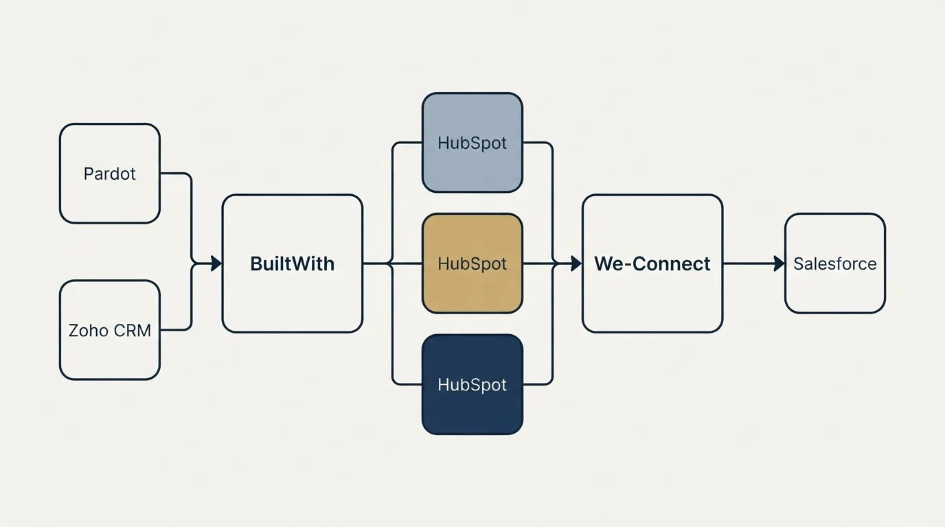 Integration flow: Integration Ecosystem (BuiltWith, We-Connect, HubSpot, Pardot)