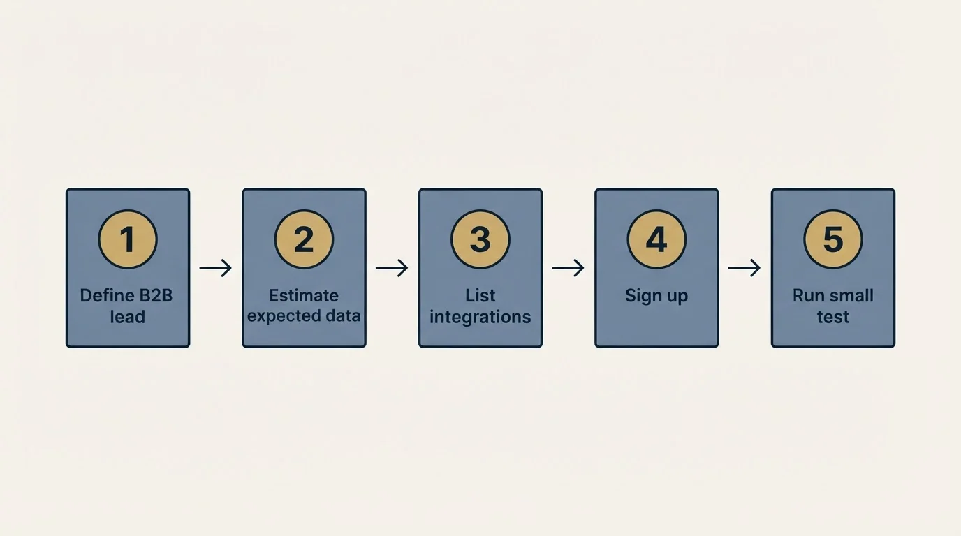 Step sequence: Getting Started Checklist (Define B2B lead, Estimate expected data, List integrations, Sign up)